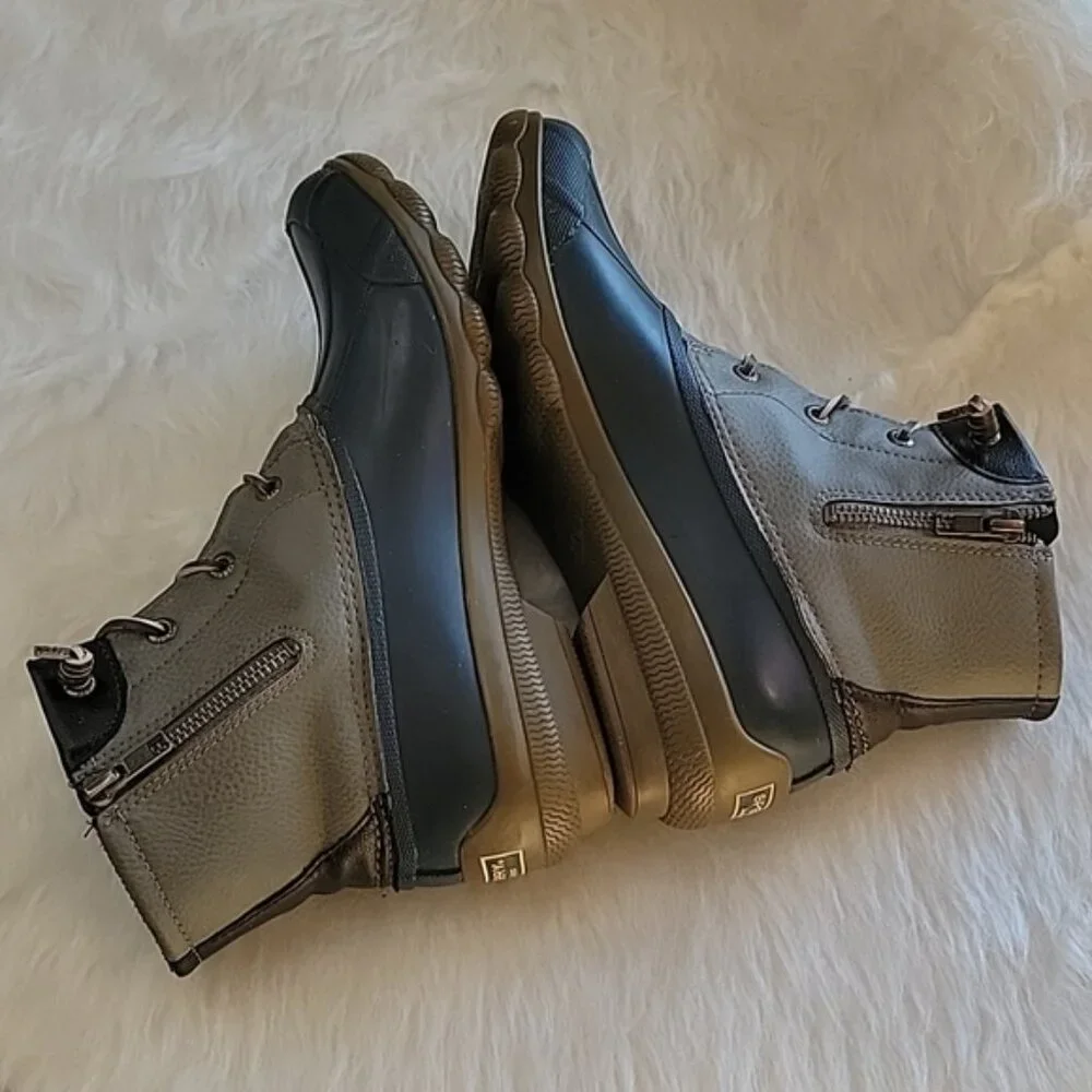 SPERRY Saltwater Blue Gray Lace Up Side Zip Preppy Waterproof Rain Duck Boots‎ 7